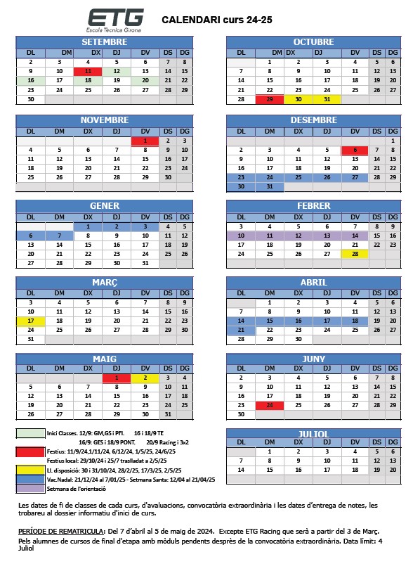 ETG : Calendario curso 2024 - 25